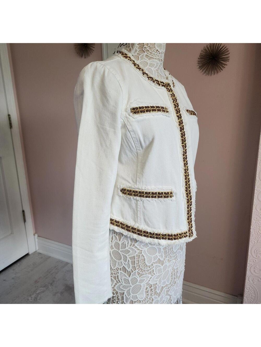 Michael Kors White Denim Jacket Gold Chain Trim Fringe Blazer 12